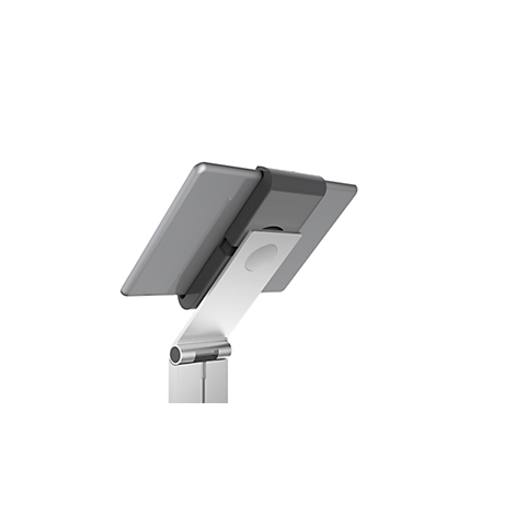 Gray tablet holder, angled from behind, with a white background.