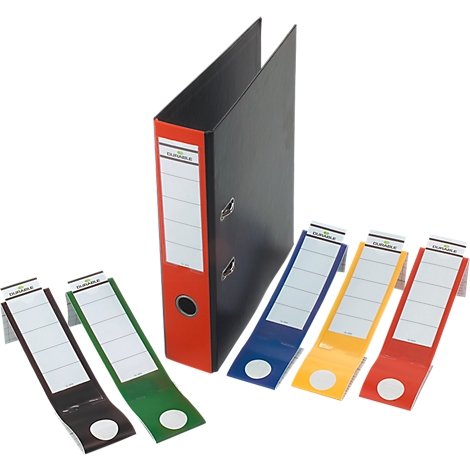 Black folder with a red spine, next to it colorful labeling strips. Labels with white field to fill.