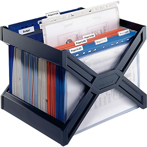 Black file holder with colorful file folders and labels like 'Budget' and 'Project'.