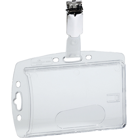 Transparent ID badge holder with metal clip and cutout.