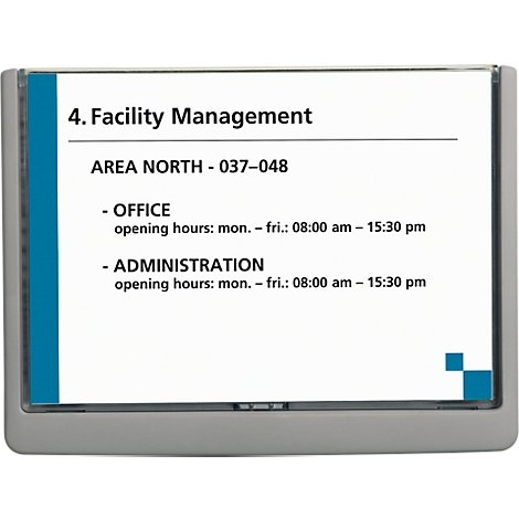 Grey frame with white sign and text: Facility Management, office and administration opening hours.