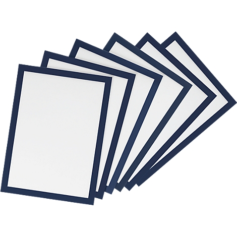 Several rectangular, white signs with dark blue frames, slightly fanned out.