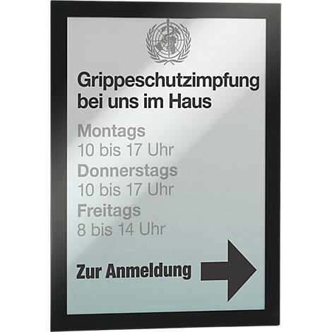 Sign with information about flu vaccination. It shows opening hours and a registration arrow. A logo at the top.