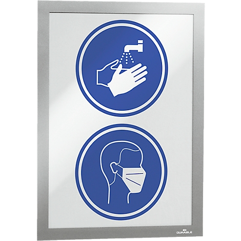 Sign with two blue circles: hands under faucet, face with mask.