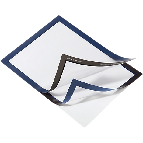 White sheets with blue and black borders, partially overlapping.