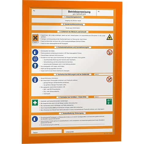 Orange safety instructions with text and pictograms in a frame.