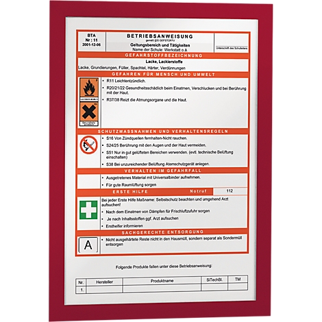 Red framed, white sign with German operating instructions. Hazard symbols and text information.
