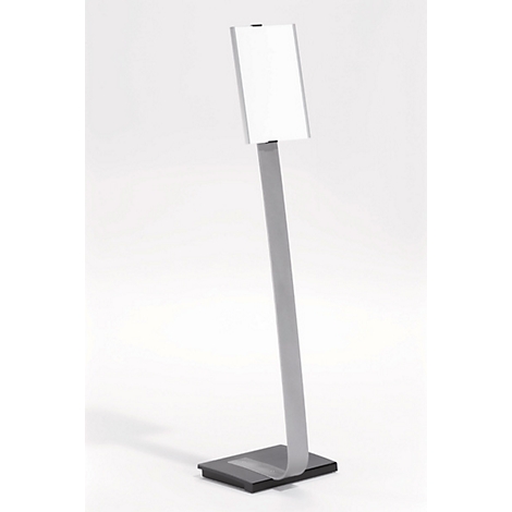 Grauer, schräg stehender Aufsteller mit weißem Schild, auf dunkler Bodenplatte. Schild ist leer. Hintergrund weiß.