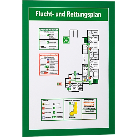 A green emergency exit plan. The plan shows building drawings, escape routes, and emergency information.