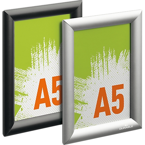 Twee A5 klapframes in zwart en zilver met een groene achtergrond en oranje A5 belettering.