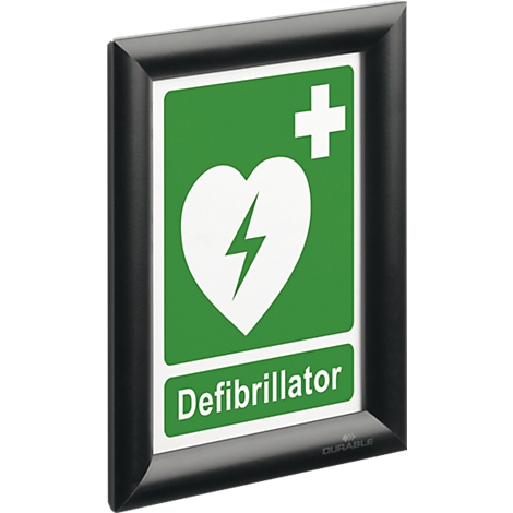 Groen defibrillatorschild met een wit hart en bliksemschicht in een zwart klikframe.