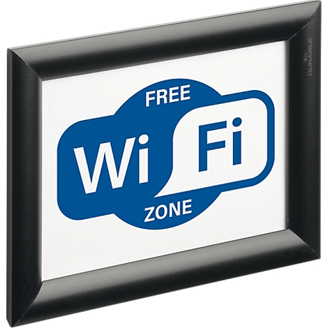 Zwarte posterlijst met witte inzet, toont een blauw Free Wi-Fi Zone logo.