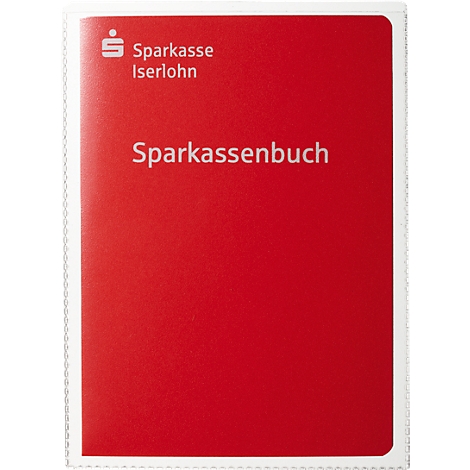 Rood spaarboekje met witte tekst "Sparkasse Iserlohn" en "Sparkassenbuch".