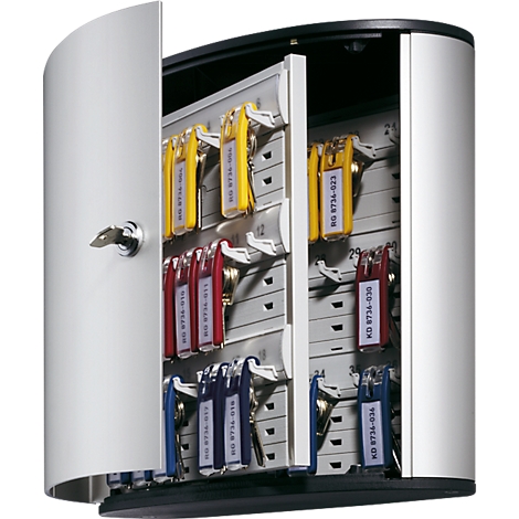 A silver key cabinet with the door open. Inside, keys with colored tags and labels are visible.