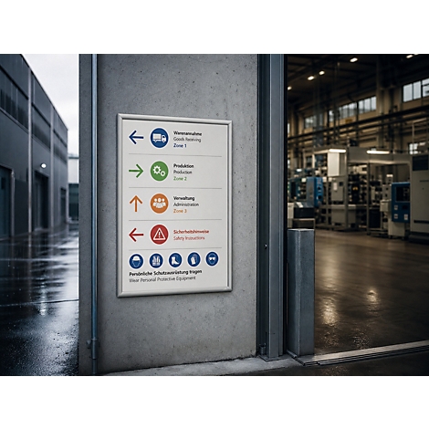 Wegwijzer op een betonnen muur in een fabriekshal met aanwijzingen voor goederenontvangst, productie, administratie en veiligheid.