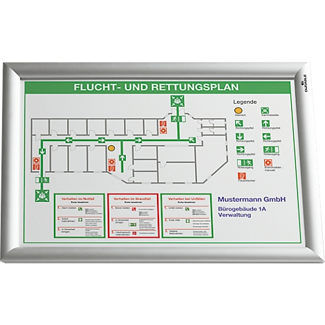 Notfallplan mit Gebäudegrundriss und Legende. Text: Flucht- und Rettungsplan, Musterfirma GmbH, Bürogebäude 1A, Verwaltung.