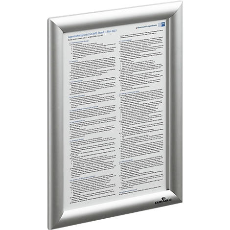 Silberner Rahmen mit Text. Der Text ist in Spalten angeordnet. Am unteren Rand steht das Logo 'DURABLE'.