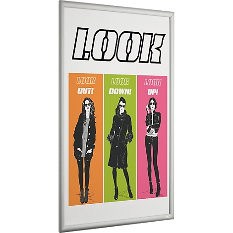 Reclameposter in een zilveren lijst met drie gestileerde vrouwen in gekleurde balken en de tekst LOOK.