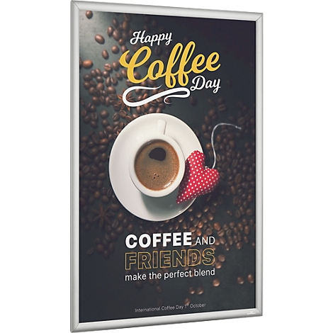 Poster met een kopje koffie, hartje en de tekst Happy Coffee Day en Coffee and friends make the perfect blend.