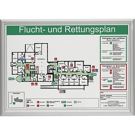 Vlucht- en reddingsplan met plattegrond, veiligheidsinstructies en legenda in een zilveren frame.