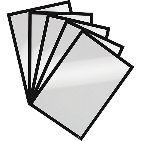 Several card sleeves with black frames overlap, view from above.