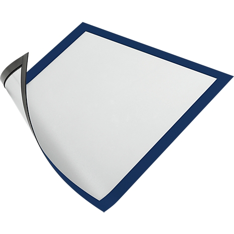 A square, white sheet with a blue border that slightly bends upwards to reveal the back. The edge is black.