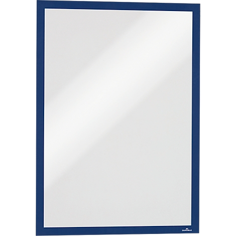 Blue framed, white board; reflection on surface.