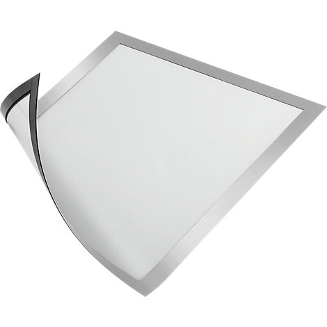 Square white light source with silver frame. One corner is slightly folded up.