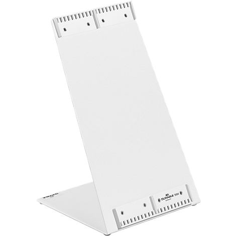White, angled presentation board made of plastic. Holders with scale at the top and bottom.