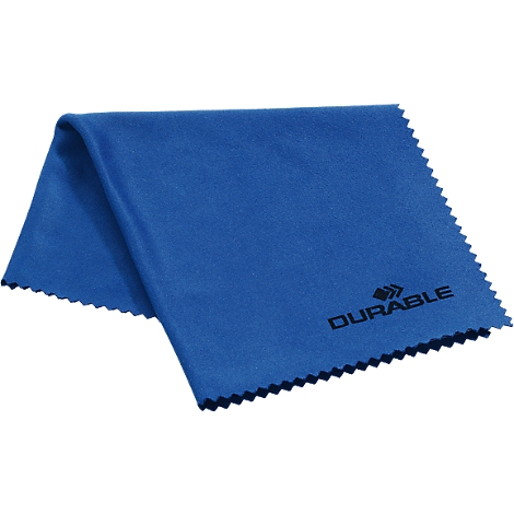 Blue microfiber cloth with DURABLE logo. Zigzag edge. Partially folded.