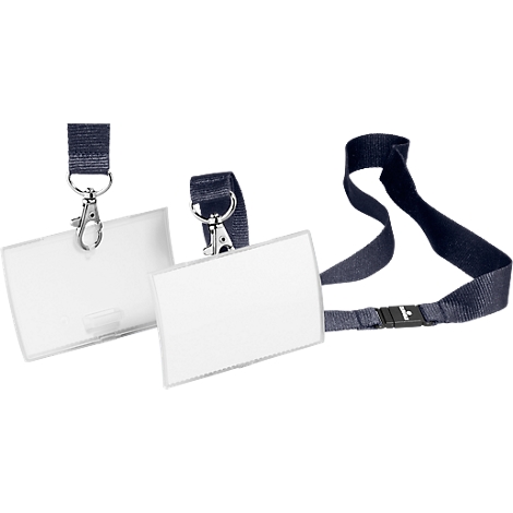 Two badges with blue lanyard and carabiner clip.