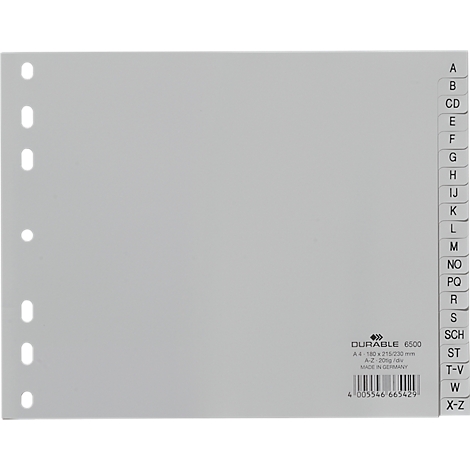 Gray A4 index card with alphabetical labeling. Punched, DURABLE logo bottom right.