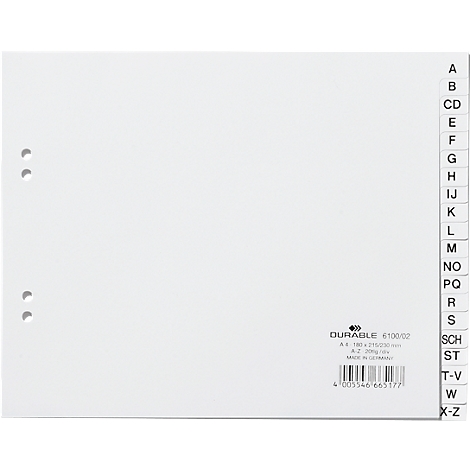 White index with alphabetical subdivisions. Letters from A to Z, manufacturer's logo and barcode are printed on it.