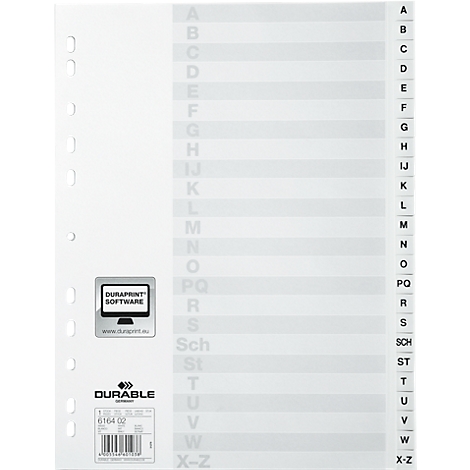 White index cards with letters A to Z. Perforation on the left, highlighted letters on the right.