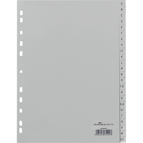 Gray index card with perforation and letter identification. The DURABLE brand is printed on the bottom right.