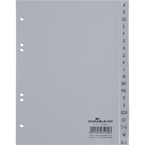 Gray index sheet with alphabetical labeling. Holes for punching on the top left. DURABLE print and barcode.
