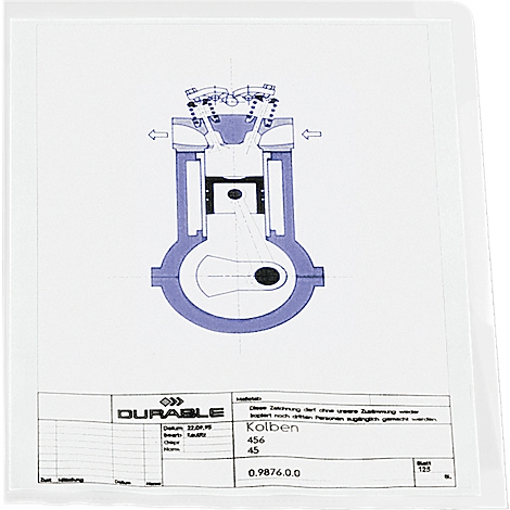 Drawing of a piston in a clear pocket. Blue-gray technical drawing with the inscription: Piston, DURABLE.