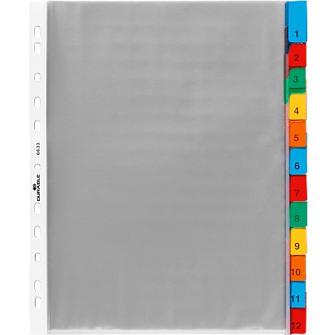 A transparent view file with colored tabs 1-12. On the left is the hole edge. DURABLE 6633 is written there.