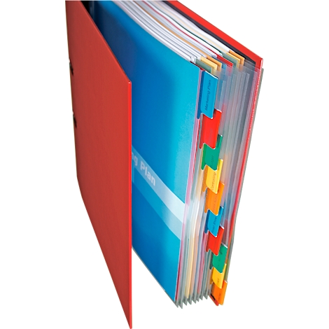 Red binder with colored tabs. A blue sheet with the words "ing Plan" is visible.