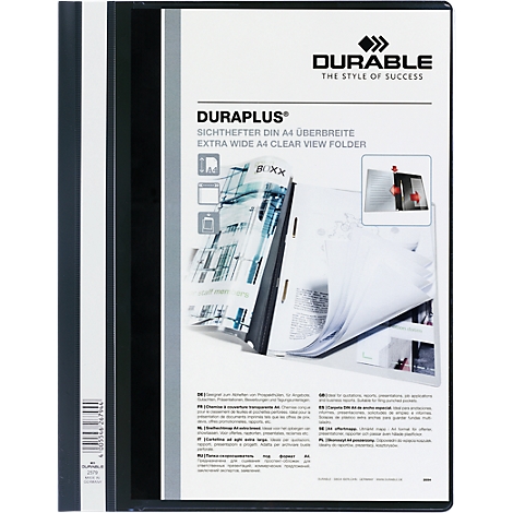 Black folder with transparent sheets. Printed text: Durable Duraplus. Open pages show a text template.