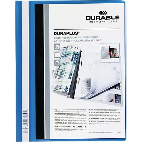 Blue DURAPLUS folder with white, black, and gray elements. Inscription 'DURABLE' and 'DURAPLUS' on the front.