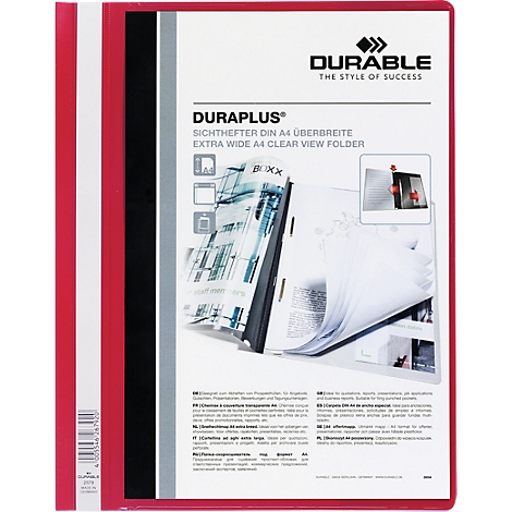 Red, wide view folder cover with logo and product name. Opened pages showing sheets.