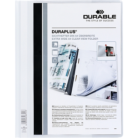 A4 clear view folder, transparent, with inserted papers. Printed with 'DURABLE' logo.