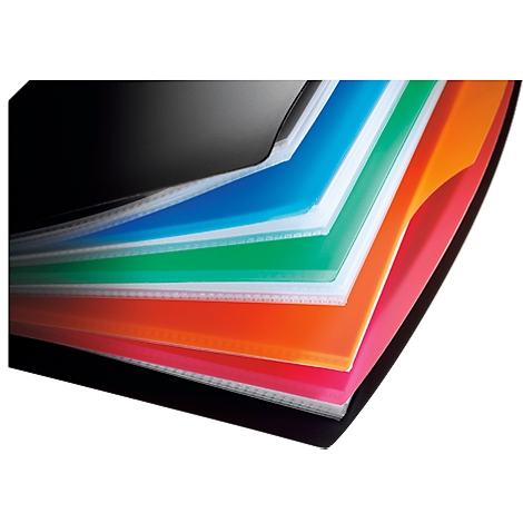 Colorful, transparent plastic sheets in black, blue, green, orange, pink and white, stacked on top of each other.
