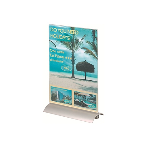 Ein vertikaler Acryl-Aufsteller mit silbernem Fuß zeigt Werbeplakate für Urlaubsreisen vor einem weißen Hintergrund.