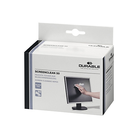 Weiße Verpackung mit Durable Screenclean 50 Reinigungstüchern, zeigt einen Monitor bei der Reinigung.
