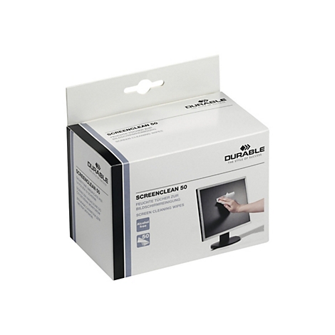 Weiße Verpackung mit Durable Screenclean 50 Reinigungstüchern für Bildschirme vor weißem Hintergrund.