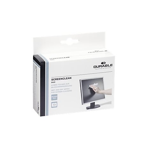 Weiße Produktverpackung Durable Screenclean Duo mit Abbildung eines Monitors, der mit einem Tuch gereinigt wird.