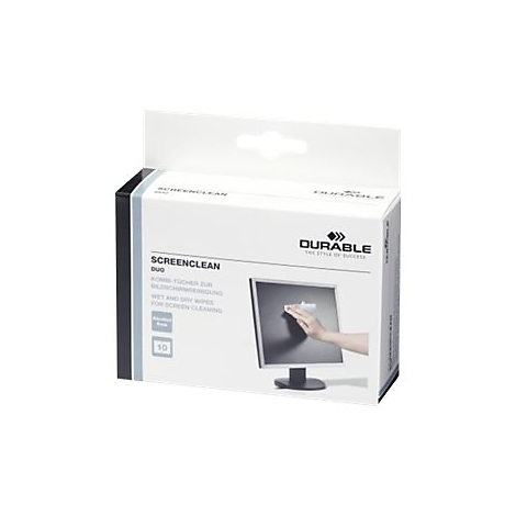 Weiße Verpackung für Durable Screenclean Bildschirmreinigungstücher mit Abbildung eines Monitors bei der Reinigung.