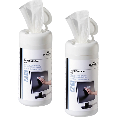 Two white cleaning wipes boxes, with the "ScreenClean" logo and the text "Durable".